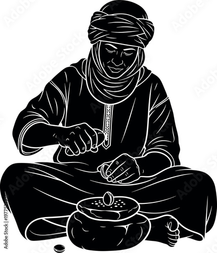 Traditional tuareg artisan a black and white illustration of pottery craftsmanship in the sahara