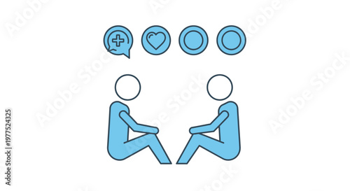 A simple illustration depicts two people in conversation with icons representing communication and emotional connection