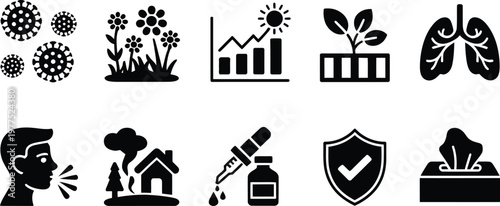 Allergy and Respiratory Health Solid Icon Set, Pollen Allergy Symbols, Protection and Mask Icons, Seasonal Allergy Collection, Medical and Healthcare Vector Icons for UI, App, and Web Design