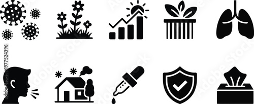 Allergy and Respiratory Health Solid Icon Set, Pollen Allergy Symbols, Protection and Mask Icons, Seasonal Allergy Collection, Medical and Healthcare Vector Icons for UI, App, and Web Design