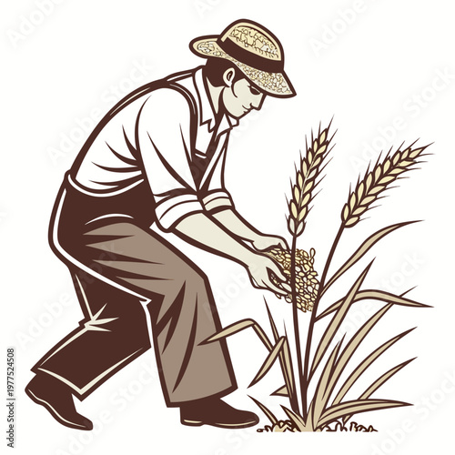 A man in a hat and overalls harvesting wheat on a farm with a