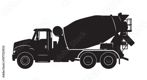 Black silhouette concrete mixer truck, construction vehicle icon, cement mixer illustration, industrial transportation