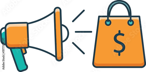 A megaphone loudly advertises a shopping bag with dollar sign.