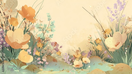 Cartoon Spring Background with Vibrant Flowers and Lush Grass in Soft Colors