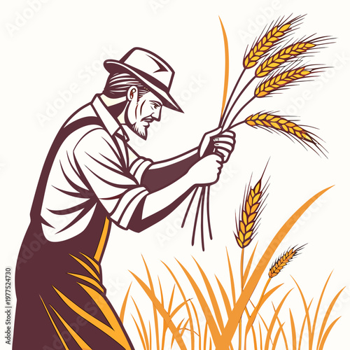 Vector illustration of a farmer holding wheat stalks in a field with a