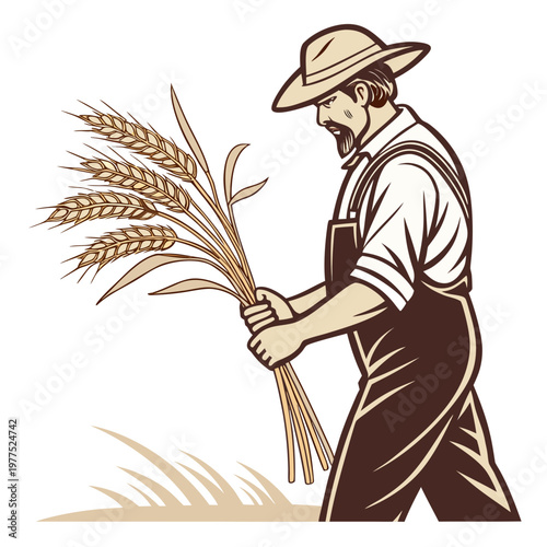 A man in a hat and overalls holding a bunch of wheat