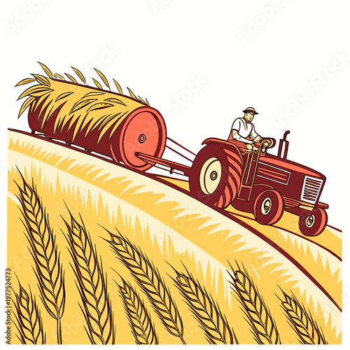 Man driving tractor pulling large hay bale through golden wheat field on sunny day