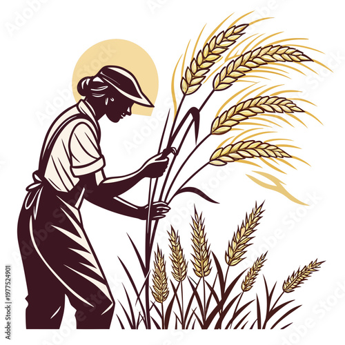 Vector illustration of a farmer harvesting wheat with a sickle