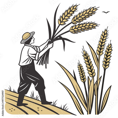 Man in a hat harvesting wheat in a field with a