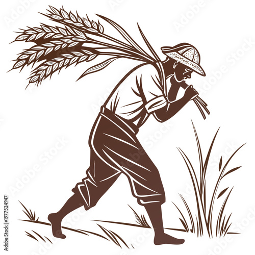 Man carrying a bundle of wheat on his back in a field with a hat