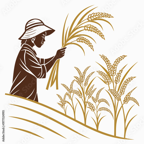 Vector illustration of a farmer in a field holding wheat