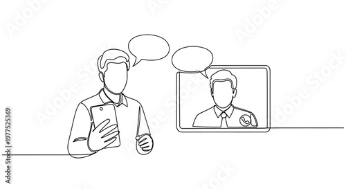 Businessman talking to colleague on screen.