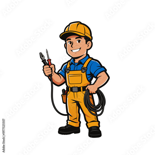 Bold vector illustration of a full body electrician mascot holding electrical cable and tools, designed in a clean and friendly professional branding style.