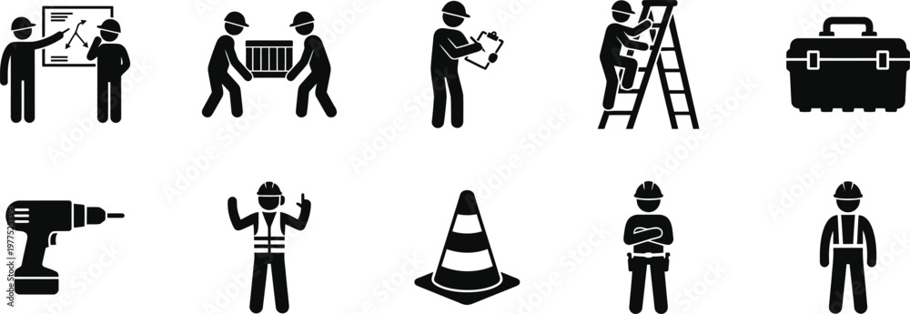 Naklejka premium Construction workers and tools depicted as simple black silhouette icons