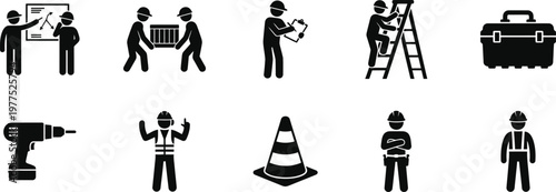 Construction workers and tools depicted as simple black silhouette icons
