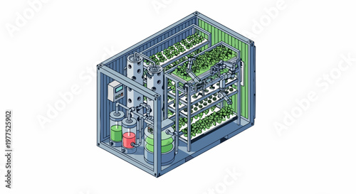 Automated Vertical Hydroponic Farm in a Shipping Container with Robotic Arms and Nutrient Systems, Isometric Illustration