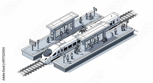 Isometric High-Speed Train Station Illustration with Bullet Train, Passengers, and Railway Platform Layout