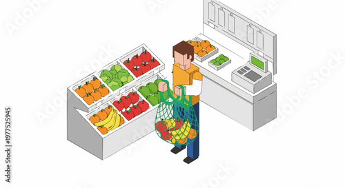Isometric Illustration of a Person Shopping for Fresh Fruit and Vegetables in a Supermarket with a Reusable Mesh Bag, Sustainable Lifestyle and Zero Waste Concept