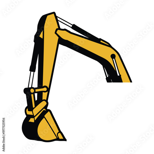 Heavy machinery excavator arm with bucket attachment in action pose