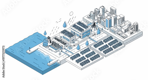 Isometric Sustainable City Infrastructure with Water Treatment Plant and Solar Energy Farm providing Green Power and Clean Water