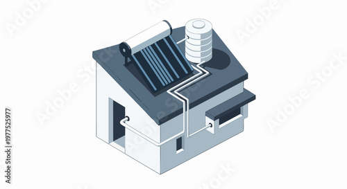Isometric Illustration of a Sustainable House with Solar Water Heater and Storage Tank on Roof, Renewable Green Energy Concept