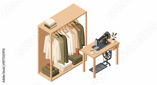 Isometric Illustration of a Tailor Studio with Vintage Sewing Machine and Capsule Wardrobe. Minimalist Sustainable Fashion, Craftsmanship, and Garment Care Concept.
