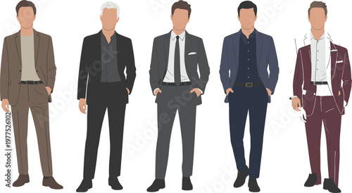 Collection of Fashionable Middle Aged Men Character Vector Set Wearing Casual Outfits Blazers Jackets and T-Shirts for Lifestyle Illustration.