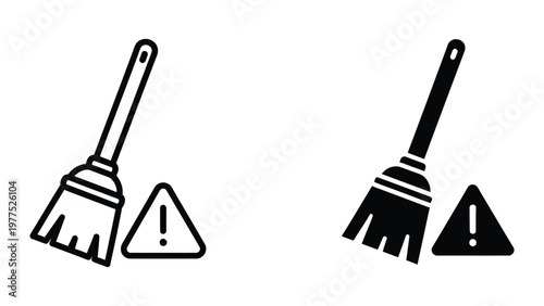 Comparison of broom types with caution warning symbols beside each