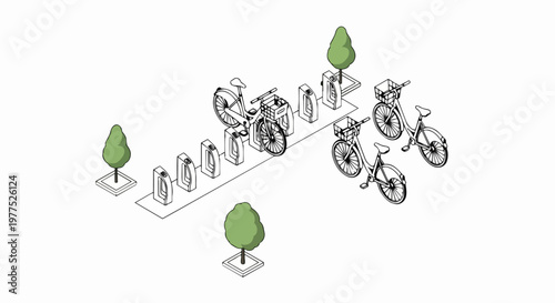 Isometric Bicycle Sharing Station Illustration for Sustainable Urban Mobility, Eco-Friendly City Transportation Concept with Bike Rental Docks and Trees