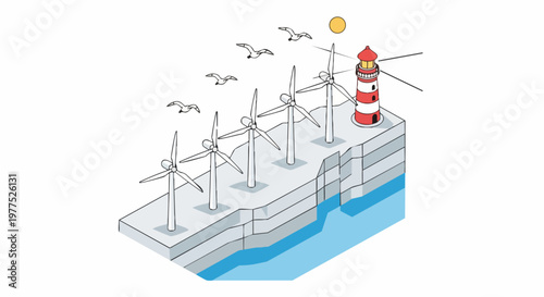 Isometric Offshore Wind Farm Illustration with Lighthouse and Wind Turbines on Coastal Cliff