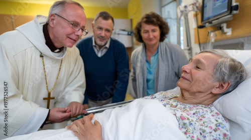 Catholic priest anointing elderly hospital patient with holy oil, family gathered around medical bed, gentle pastoral care and end of life sacrament, ideal for spiritual comfort, h