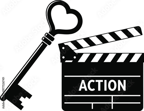 Black and white featuring a vintage skeleton key with a heart shaped bow positioned next to an open clapperboard with the word action printed in bold white capital letters