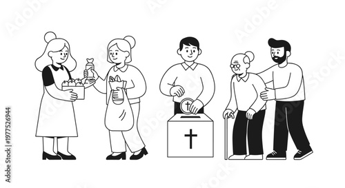 Diverse individuals engaged in charitable acts, including food distribution, monetary donations to a church collection box, and assisting elderly community members, depicted with