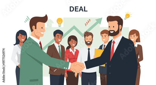 Successful business partners shaking hands with diverse team members observing, symbolizing growth, collaboration, and bright ideas with a chart and lightbulbs on a clean white