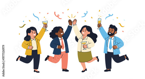 Diverse group of happy professionals celebrating success with champagne toasts and confetti, depicting teamwork achievement and joyful corporate events in a clean, modern vector