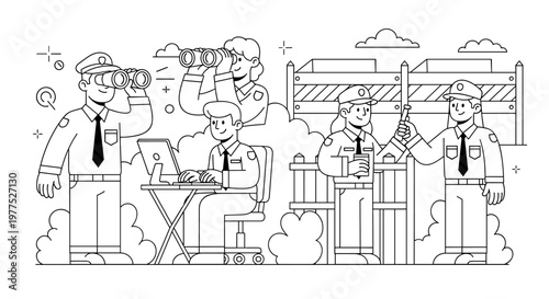 Security personnel diligently performing duties, observing with binoculars, operating computer, and managing entry points, employing clean line art style and monochrome palette