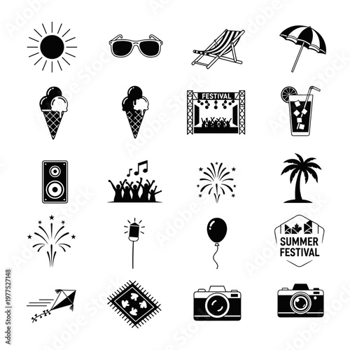 Collection of black and white vector icons representing summer festival elements including a sun, sunglasses, deck chair, beach umbrella, ice cream cones, concert stage with