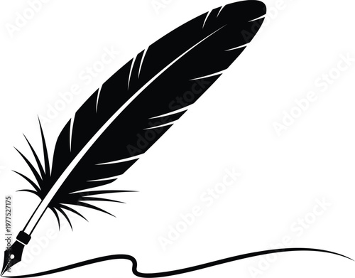 Black silhouette of a classic quill pen with a metal nib a smooth wavy line on a plain white background representing historical writing tools and calligraphy