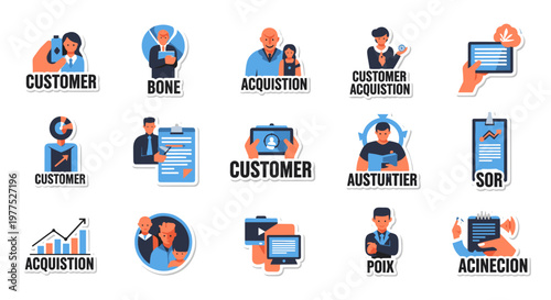 Collection of stylized flat vector icons depicting business concepts: customer engagement, acquisition strategies, analytics charts, and professional personnel, rendered with