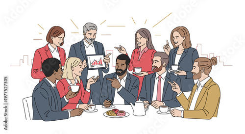 Diverse business professionals gathered around a table, enjoying coffee and pastries while a leader presents growth charts on a tablet, fostering collaboration and discussion