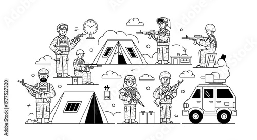 Modern soldiers equipped with firearms and tactical gear stand near tents and a vehicle, showcasing a minimalist line art composition with clean shapes, representing military