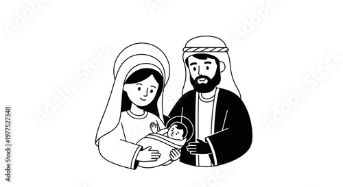 Joyful nativity scene featuring mary cradling baby jesus with joseph standing protectively nearby, rendered in a charming, minimalist line art style with bold black and white