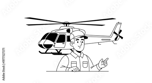 Friendly male pilot wearing a cap and uniform points with his finger next to a modern helicopter, showcasing clean lines and a minimalist black and white color palette for