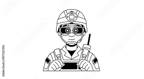 Modern soldier wearing tactical helmet with night vision goggles and communication device, depicted with clean black outlines and bold shapes, ready for action in a digital