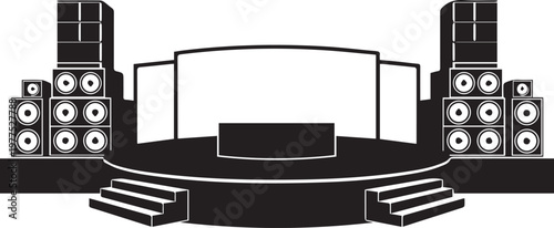 Concert stage silhouette vector illustration line art with speakers on transparent background
