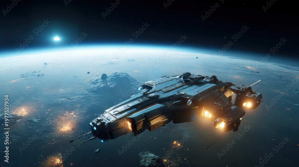 Naklejka premium Space universe exploration, fantasy. A vivid, highresolution digital artwork depicts a futuristic space scene. A large, sleek.