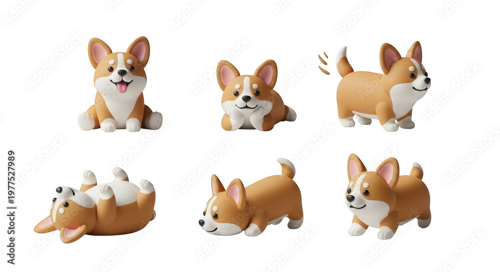 Fototapeta premium animated corgi dogs posed on white backdrop for commercial or social media usage