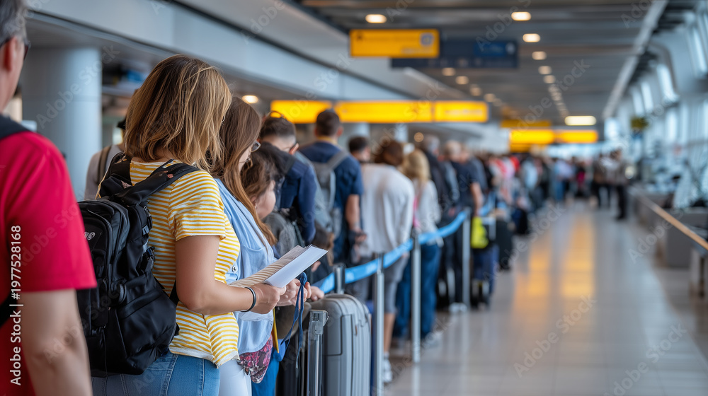 Obraz premium Airport immigration queue stretching toward distant processing booths, families with luggage waiting under fluorescent lighting, multilingual signage overhead, diverse travelers ho