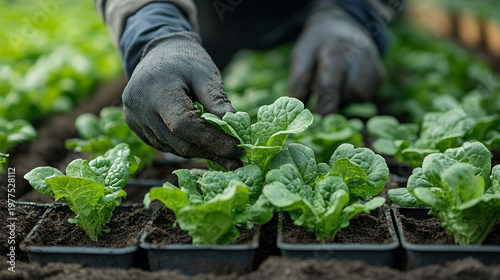 Hands tending lettuce seedlings in greenhouse nursery