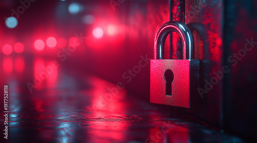 Locked metal door at night with blurry red city lights background